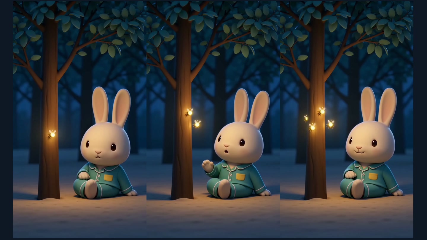 How to Make Nursery Rhyme Videos with AI: a Step-by-Step Guide Three frames from Bunny Counts the Fireflies, showing the same rabbit beside one, two and three fireflies.