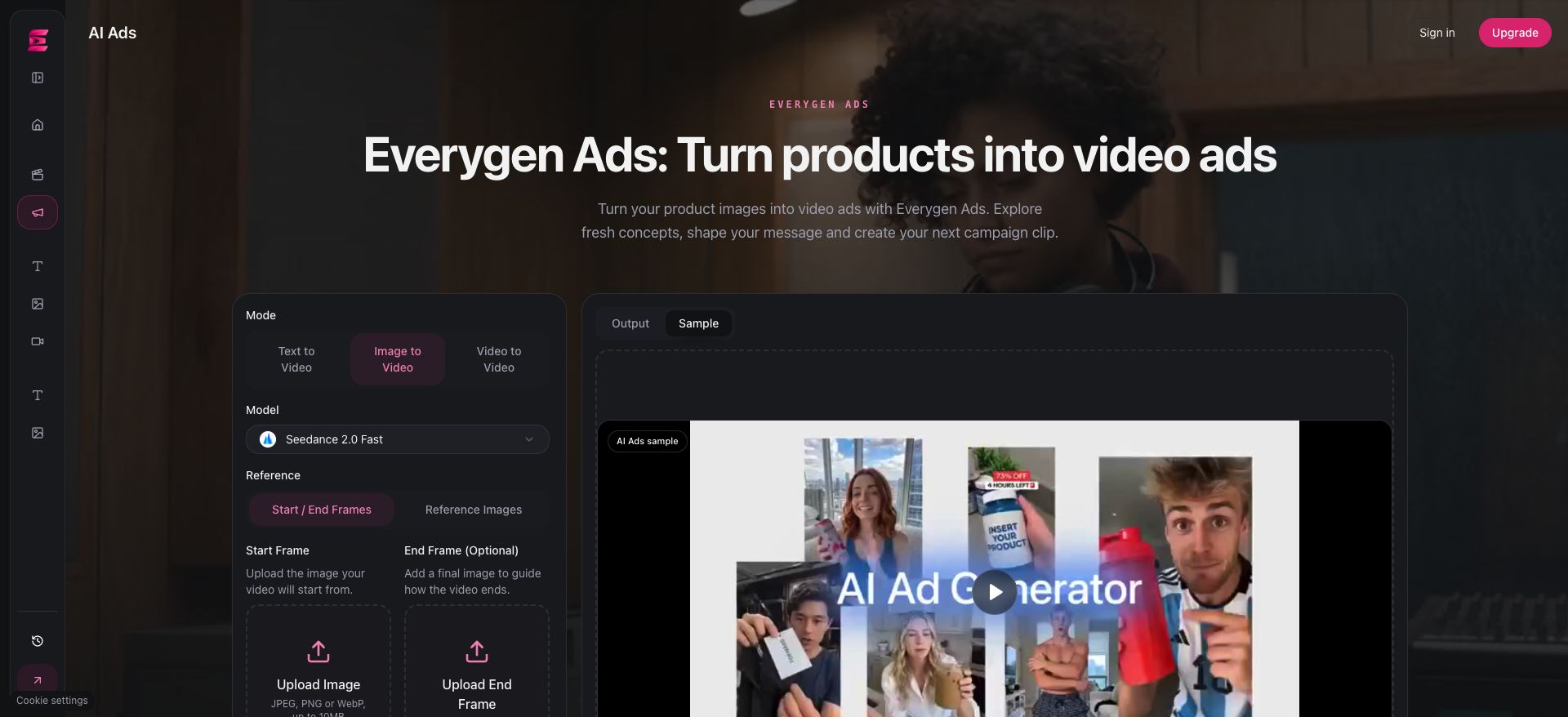 Everygen Ads image-to-video workspace showing the mode, model and upload controls.