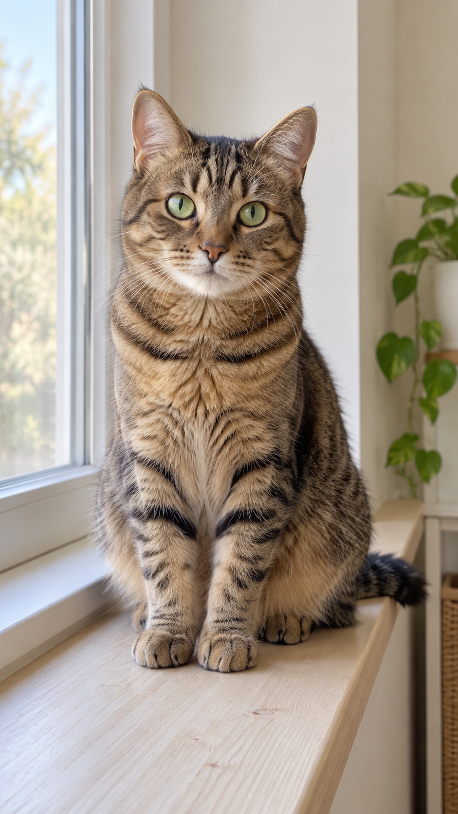 Example source image: a brown tabby cat sitting beside a window, with both ears and front paws visible.