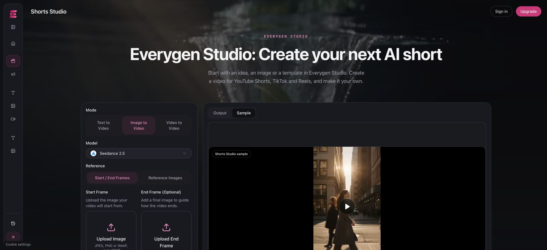 Everygen Studio image-to-video workspace showing the mode, model and upload controls.