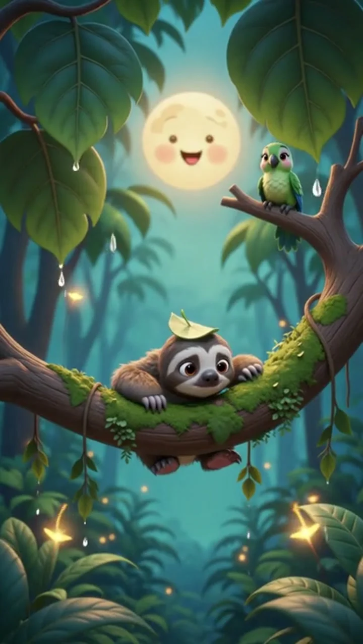 The Moonlit forest lullaby template example: a leaf-hat sloth on a branch, surrounded by a moon, leaves and fireflies.